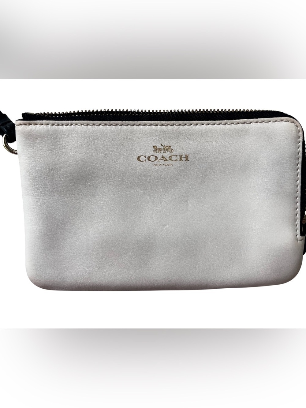 Coach Double Zip Wristlet Pouch White Leather & Signature Canvas Black Brown EUC